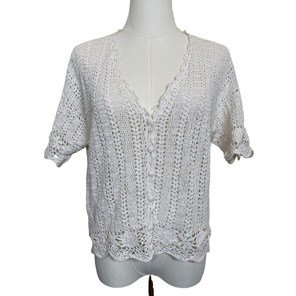Vintage Lizsport Crochet‎ Cardigan Sweater S White Linen Blend Short Sleeve Boho